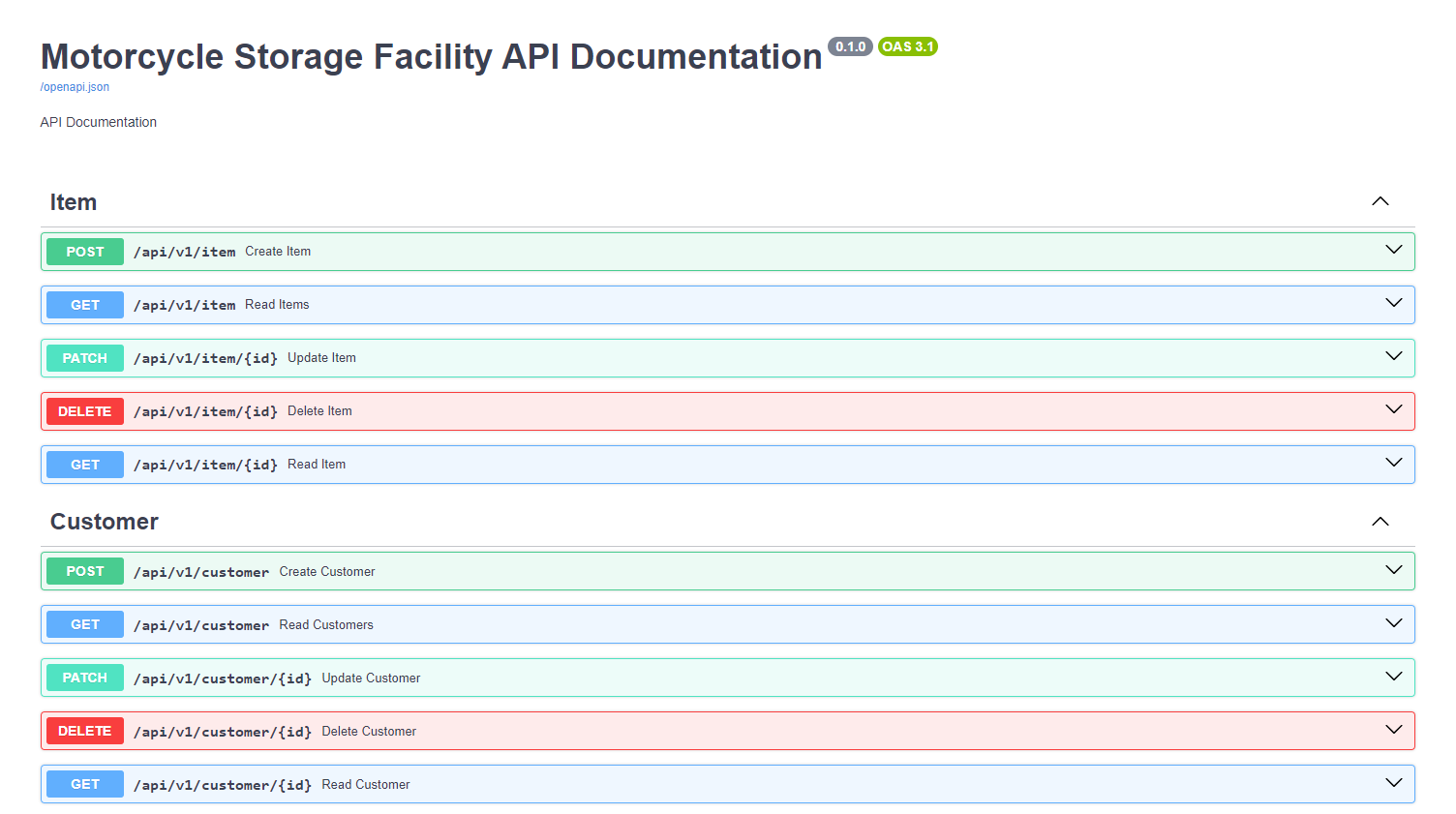 Motorcycle Storage Facility API image